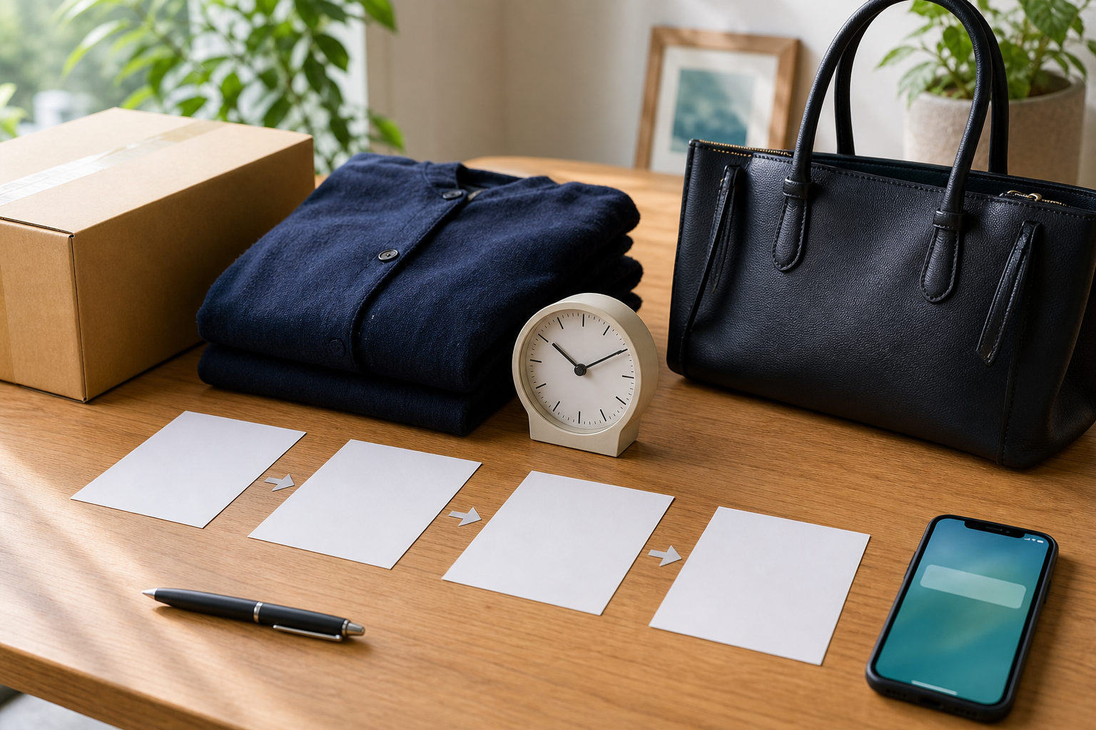 時計と配送箱、服、バッグを並べて査定から入金までの流れを確認する机