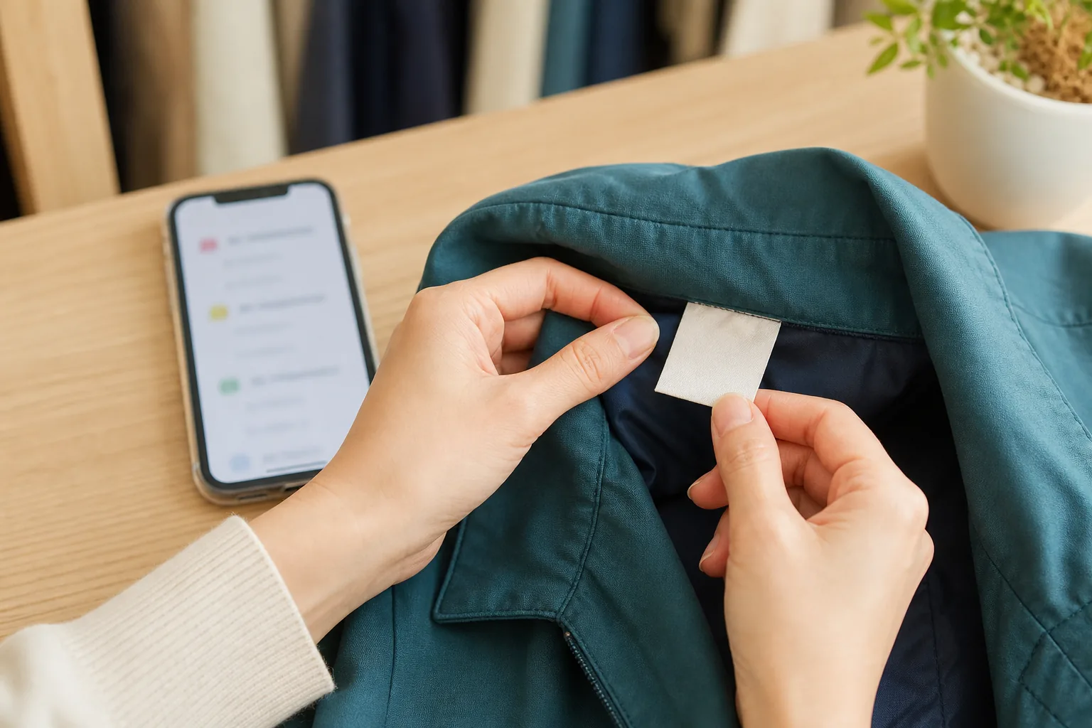 服の内側にある無地のタグと買取条件を確認する手元