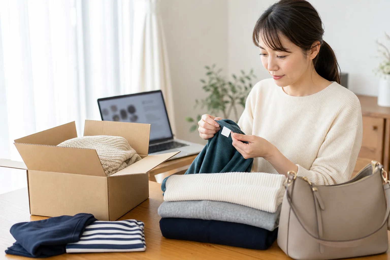 ブランドタグを確認しながら服とバッグを宅配箱へまとめる女性