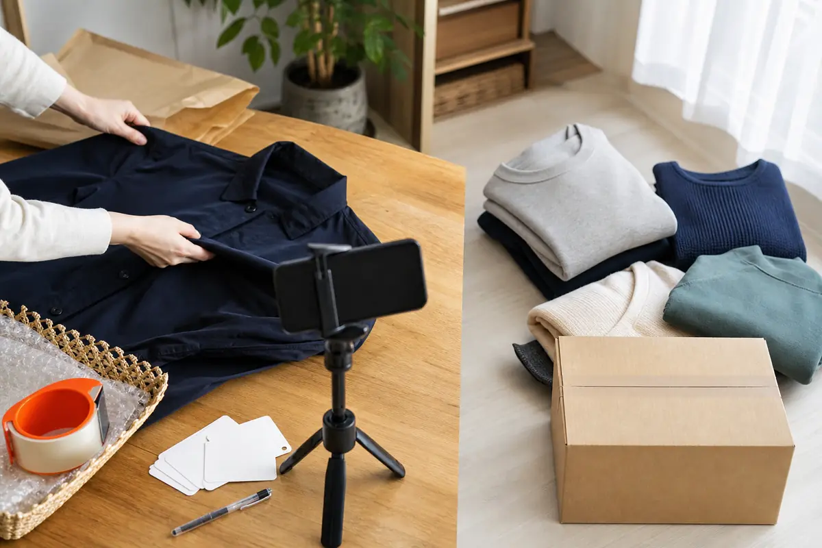 一品を撮影するスマートフォンと服をまとめた発送箱を並べた様子