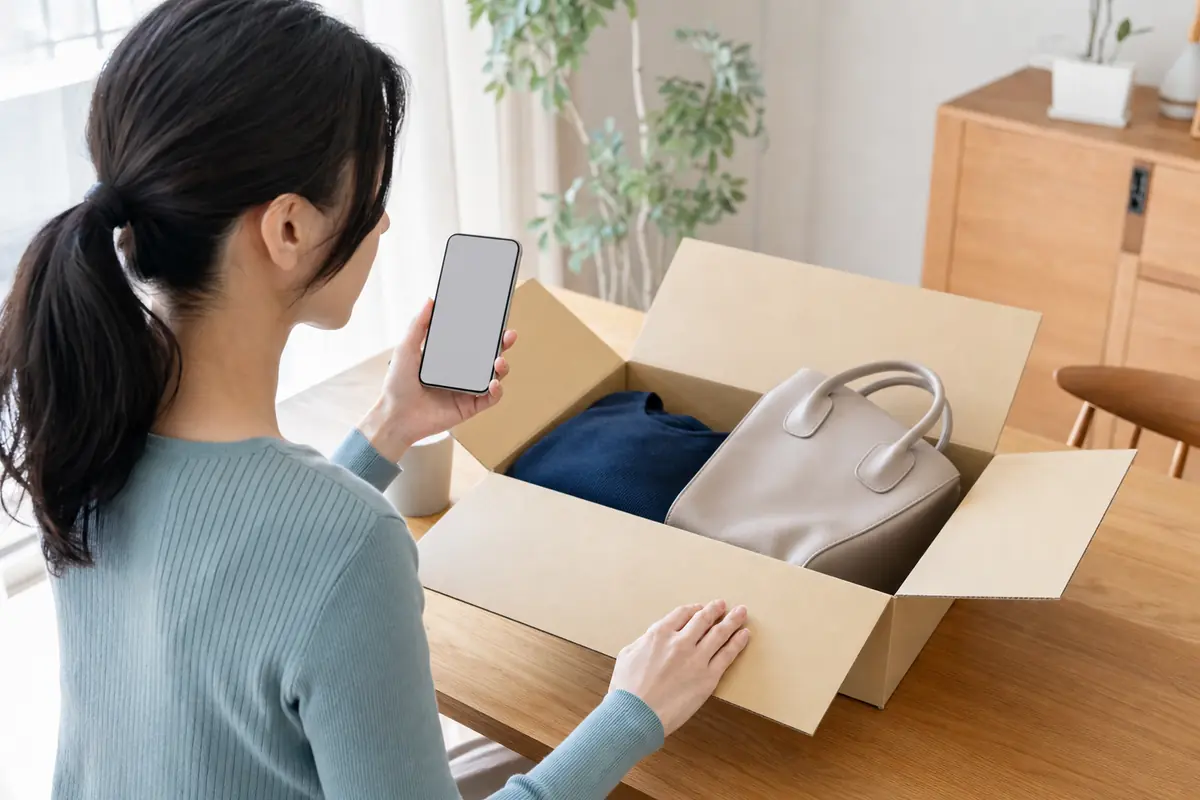 返却用の箱と品物を前にスマートフォンで査定条件を確認する手元