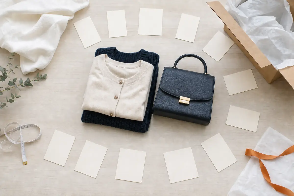 服とバッグの周りに比較用の条件カードと梱包用品を並べた様子