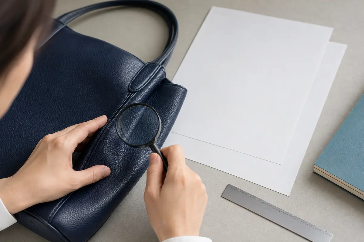 バッグの素材と付属品を見ながら価格の比較カードを整理する様子