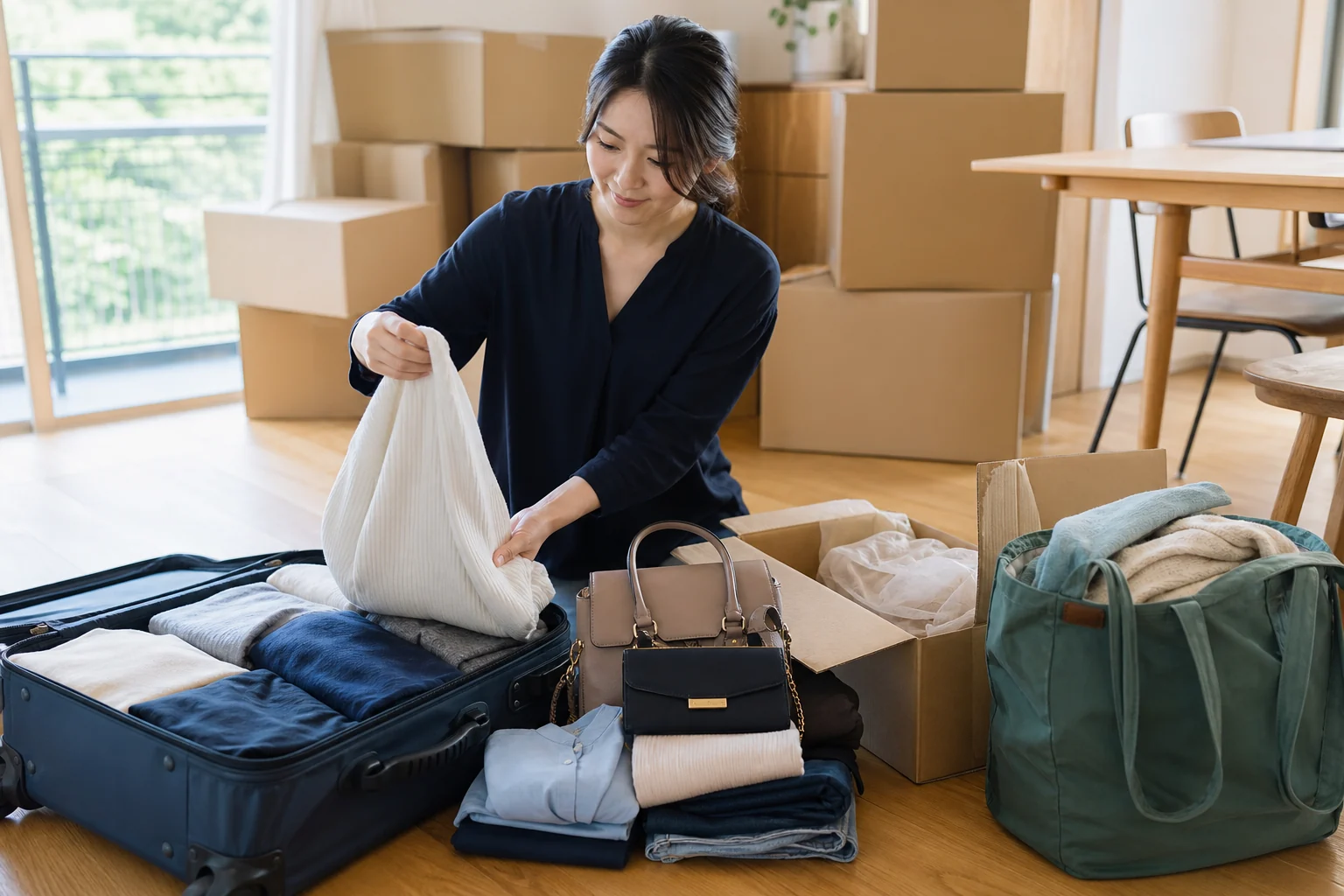引っ越し前に服とバッグを3つの山へ分ける写真