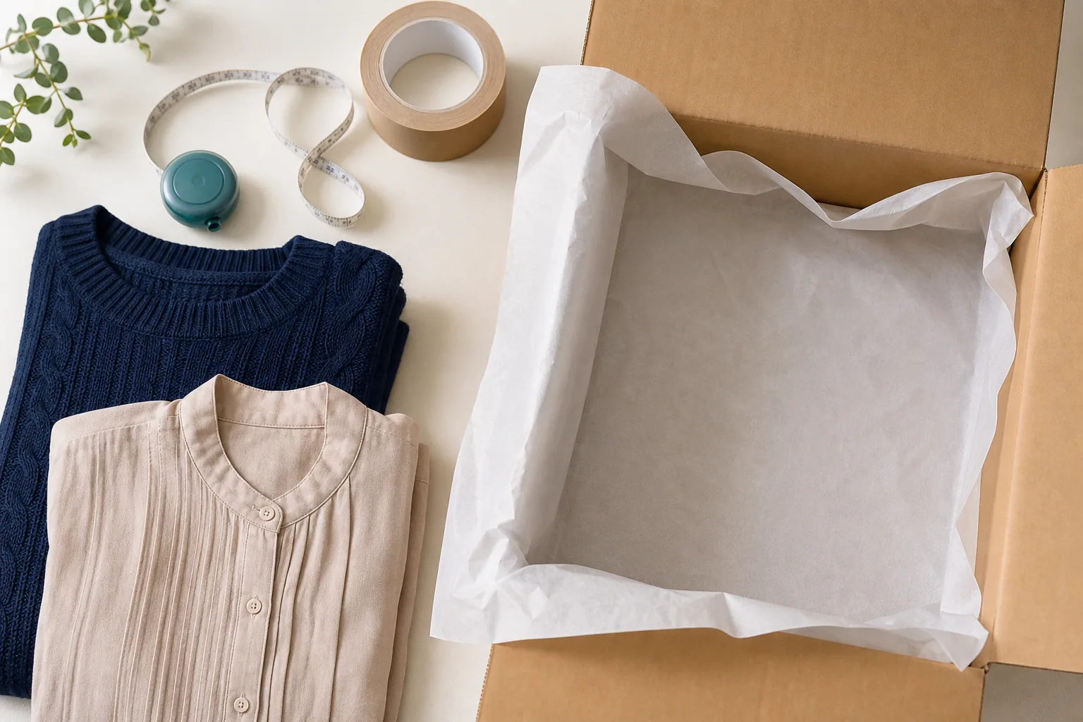 宅配買取用の箱と、梱包前に整えた服や梱包用品