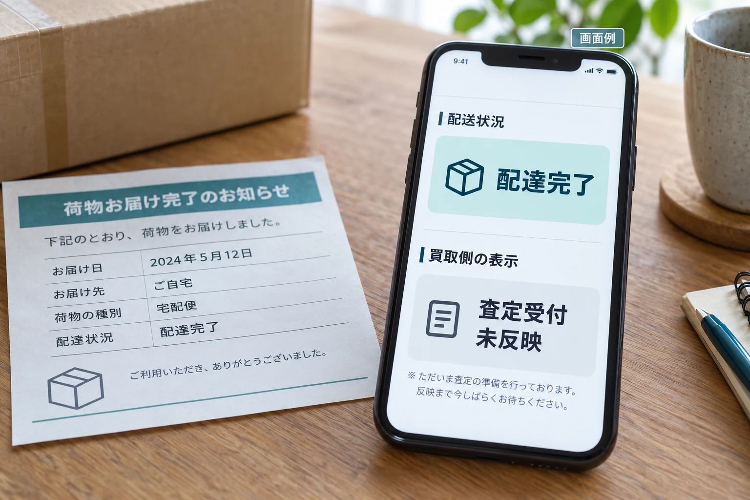 配送は完了した一方で買取側の査定受付が未反映と表示された架空の画面例