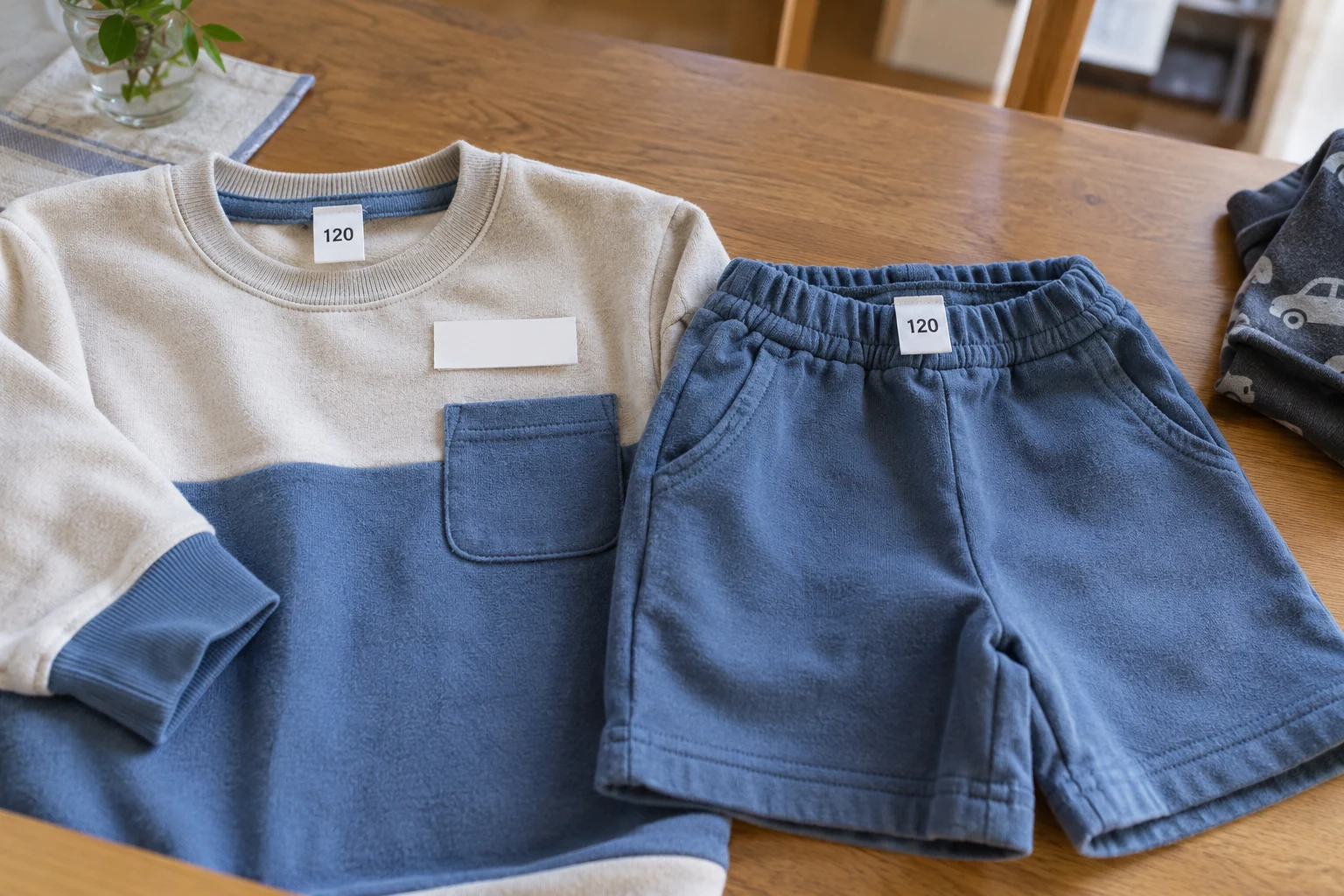 子ども服のサイズ表示と伏せた記名、上下セットの組合せを確認する写真