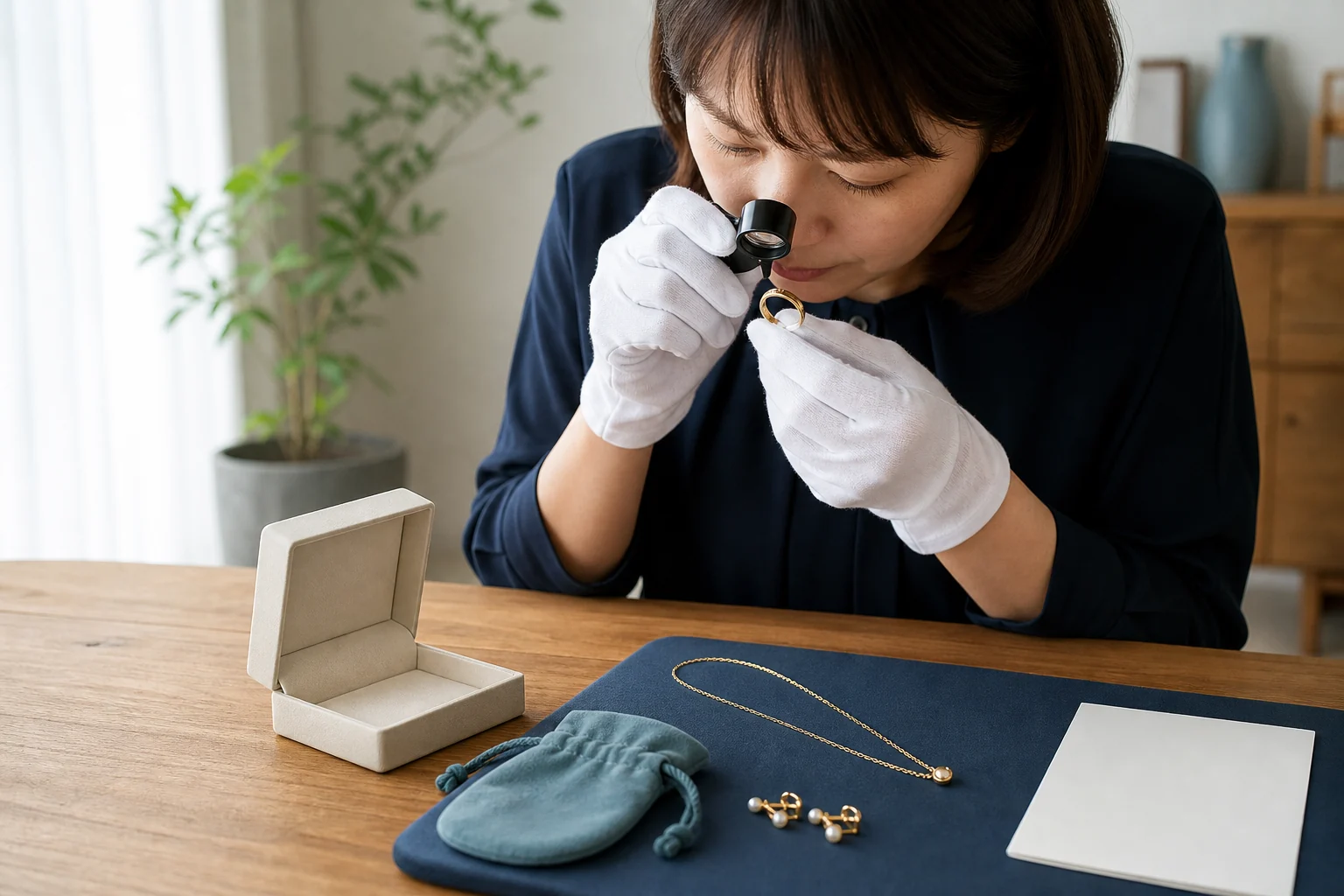 リングとネックレスの刻印と鑑定書を確認する写真