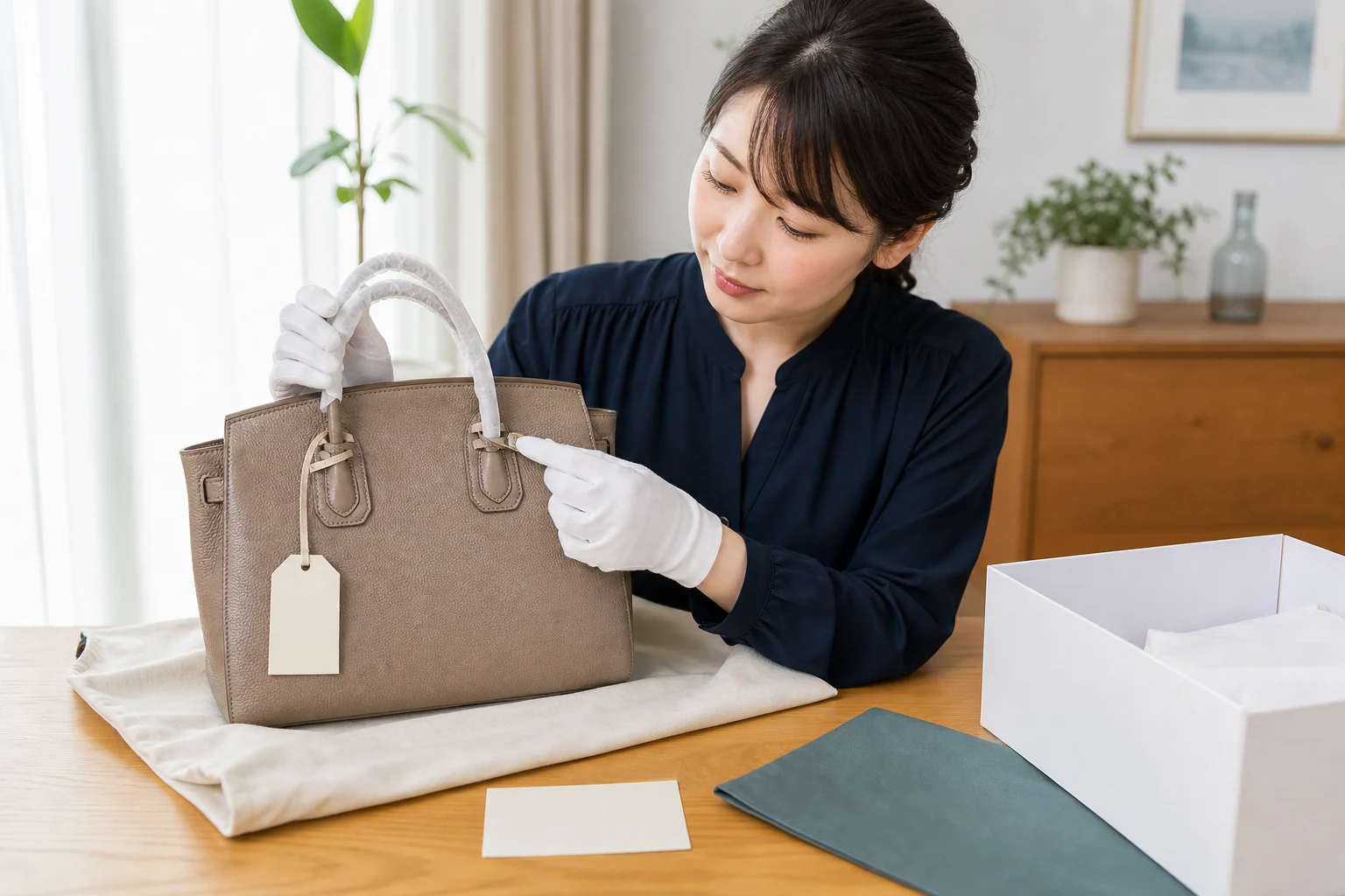 タグ付きの服と未使用のバッグの付属品を確認する写真