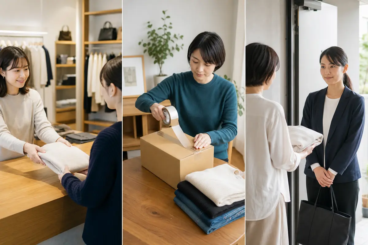 店頭カウンター、発送箱、自宅への訪問を並べて比べた様子