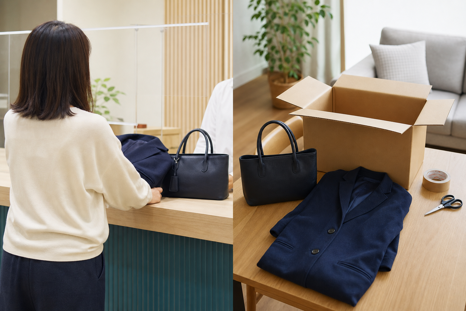 店頭カウンターへ服とバッグを持ち込む場面と自宅で箱へ詰める場面の比較