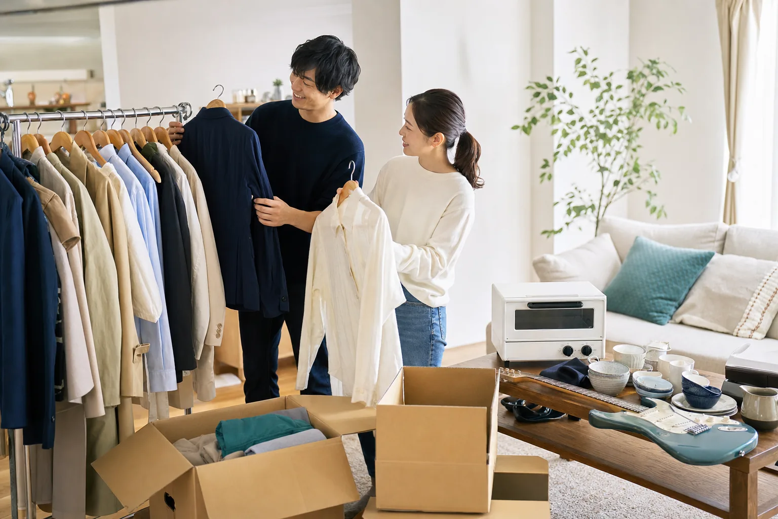 衣類ラックと生活用品を分けながら宅配箱へ整理する男女
