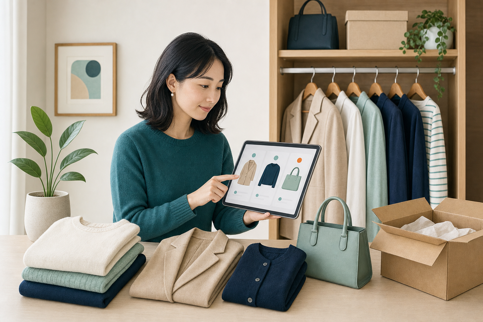 クローゼットの服とバッグを見ながら売り先を比較する女性