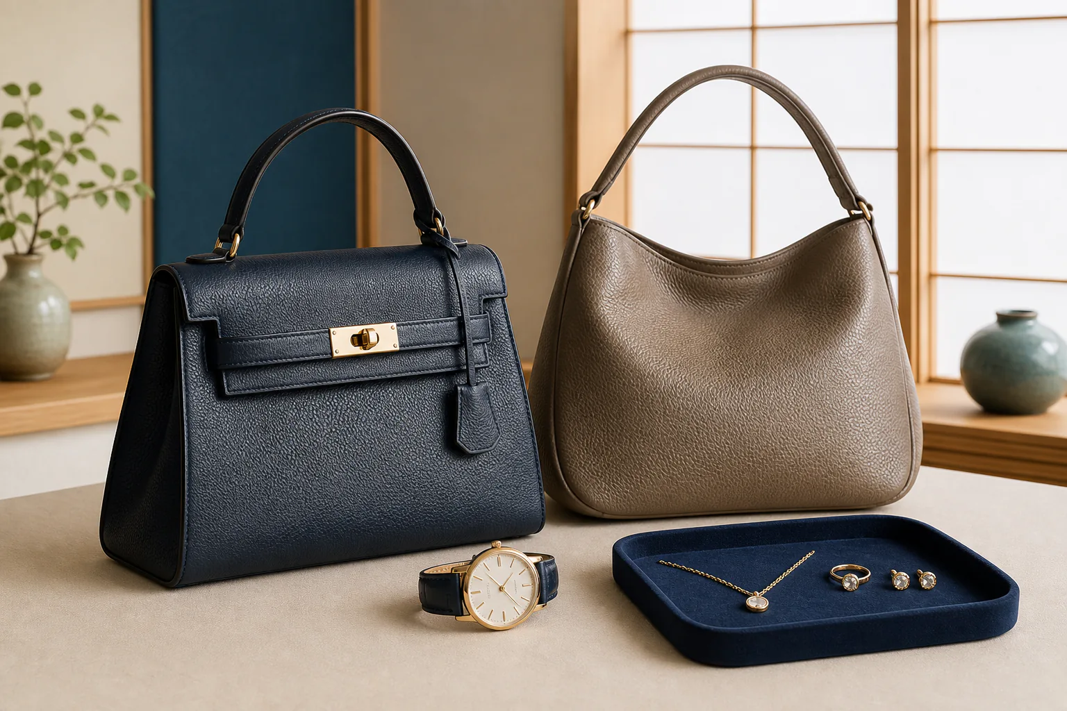 バッグと時計と宝飾品を並べたハイブランド品のイメージ