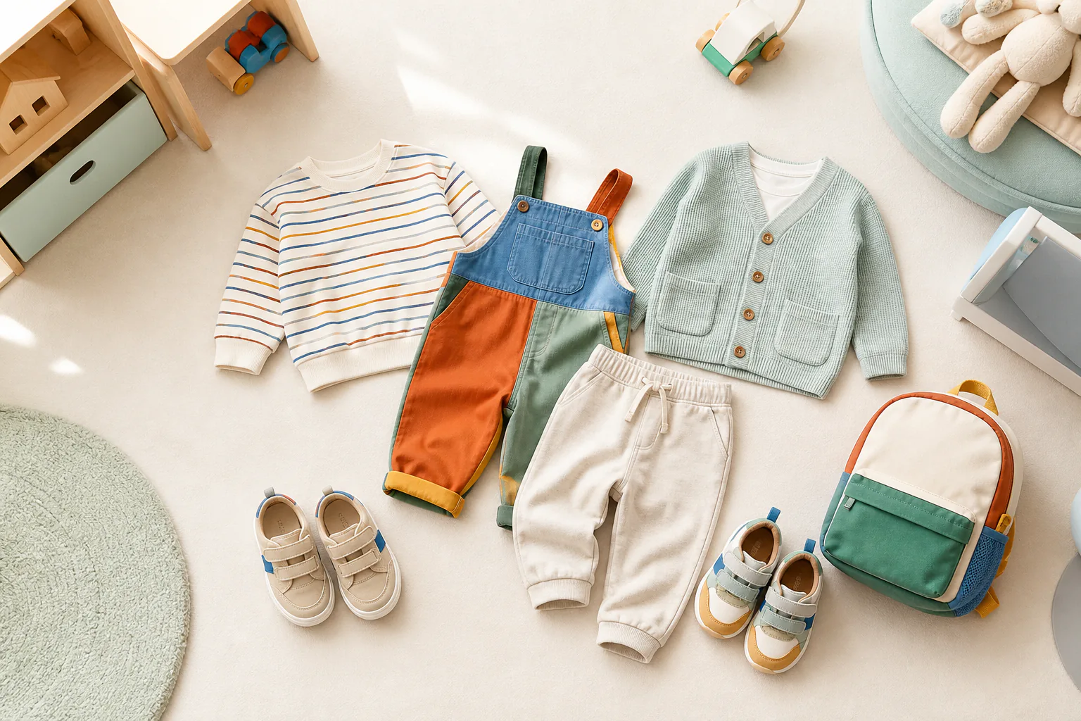 男女の子ども服と靴と登園用リュックを並べたイメージ