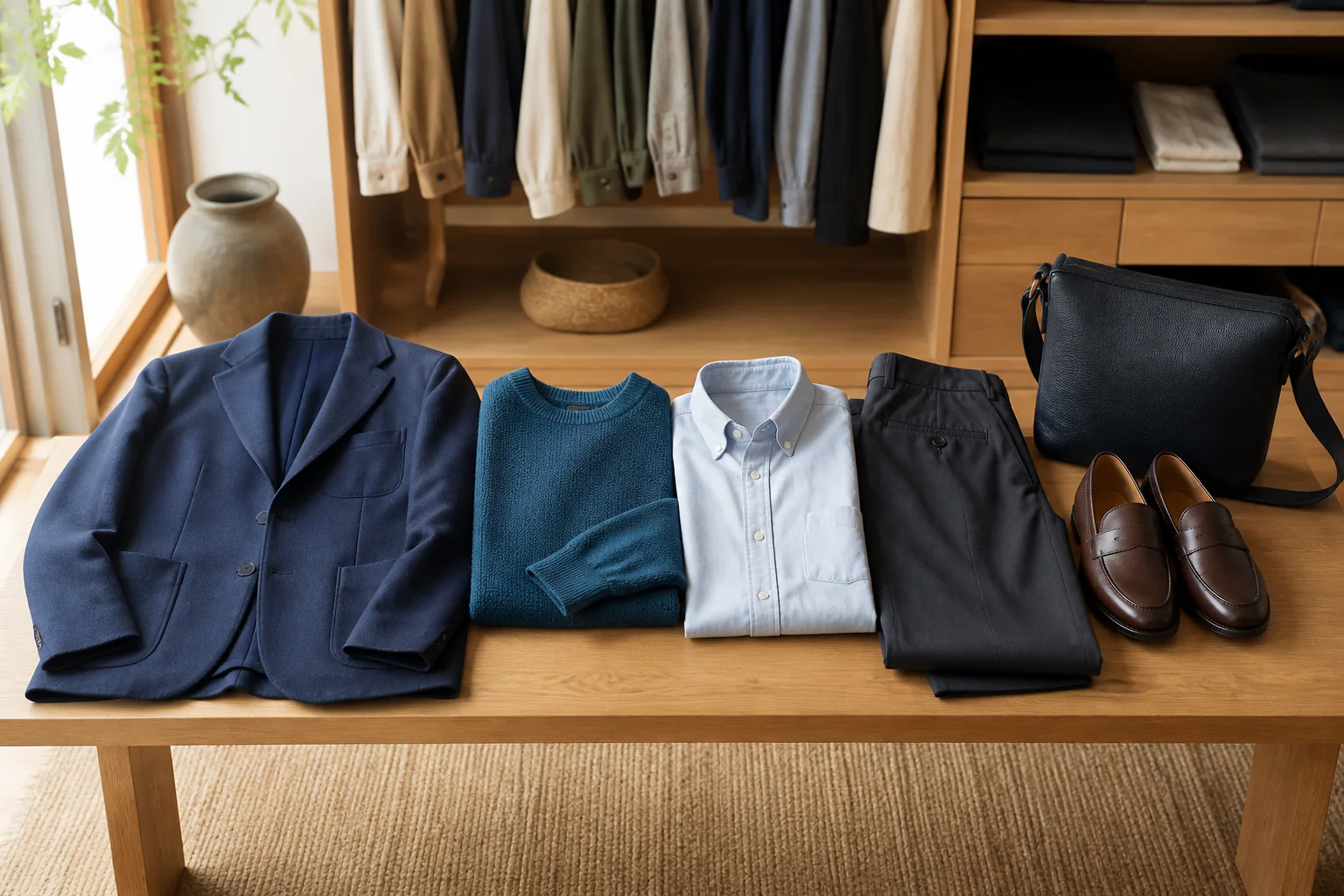 メンズ服と靴を並べたイメージ
